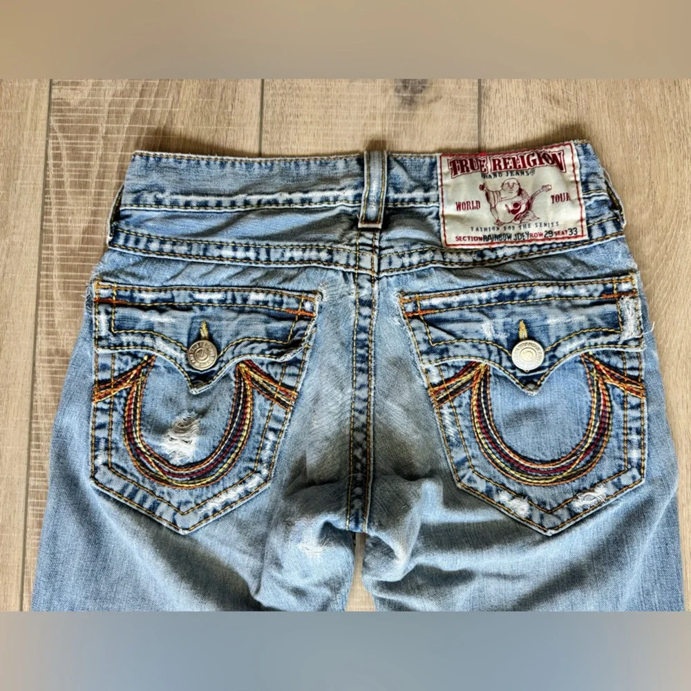 Vintage True Religion Rainbow Joey Distressed Horseshoe Pocket Jeans low rise